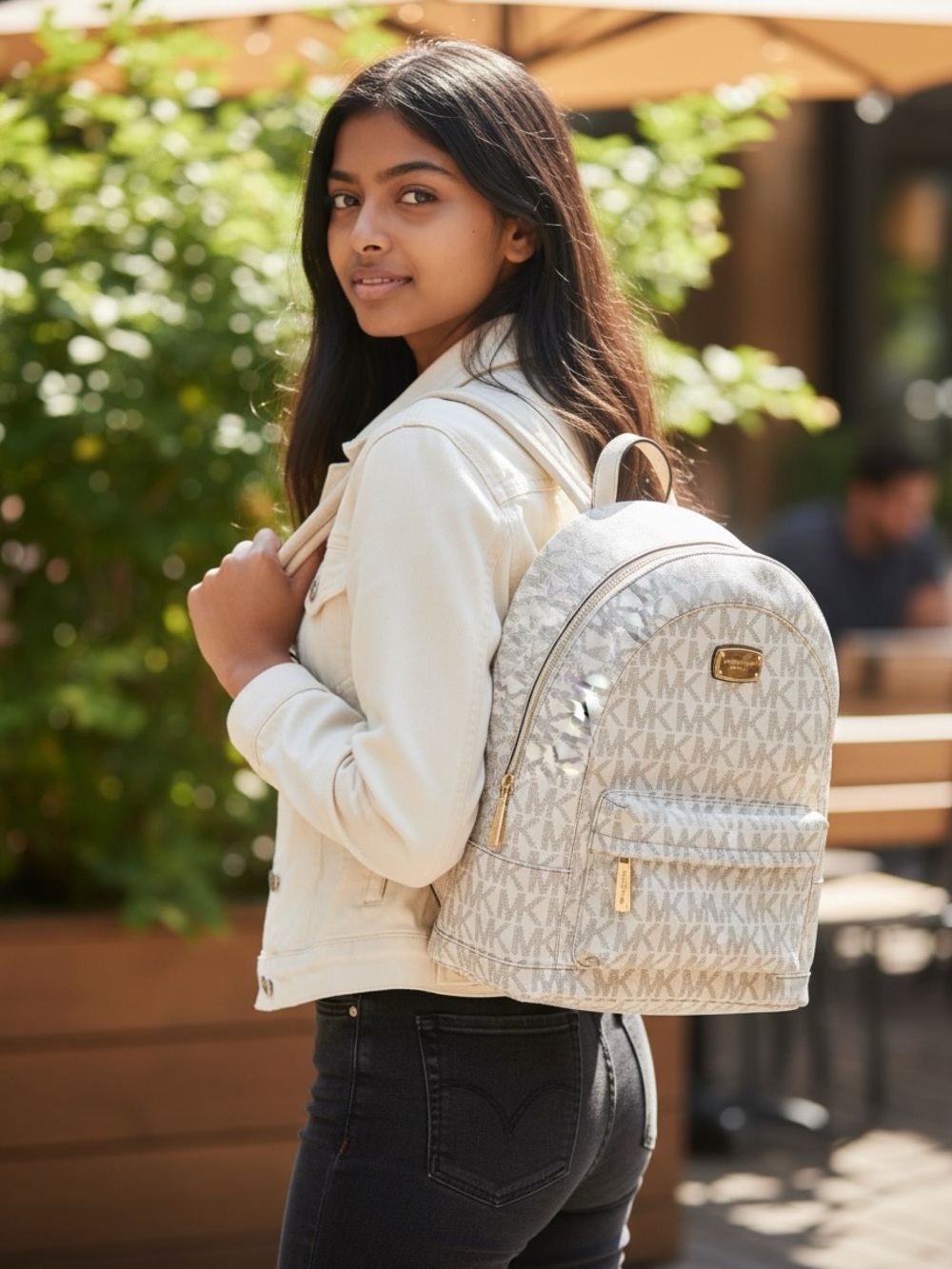 Michael Kors Cream Logo Backpack with Gold Hardware Accent